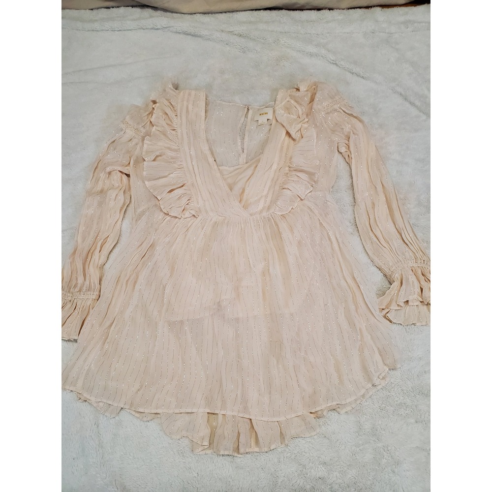 Anthropologie Maeve Cream Metallic Ruffle Sheer Flowy Tunic Blouse Top 8 Boho